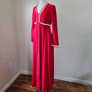 Vtg 70s Ter-She Red White Long Sleeve Maxi Dressing Gown House Dress PomPom Trim